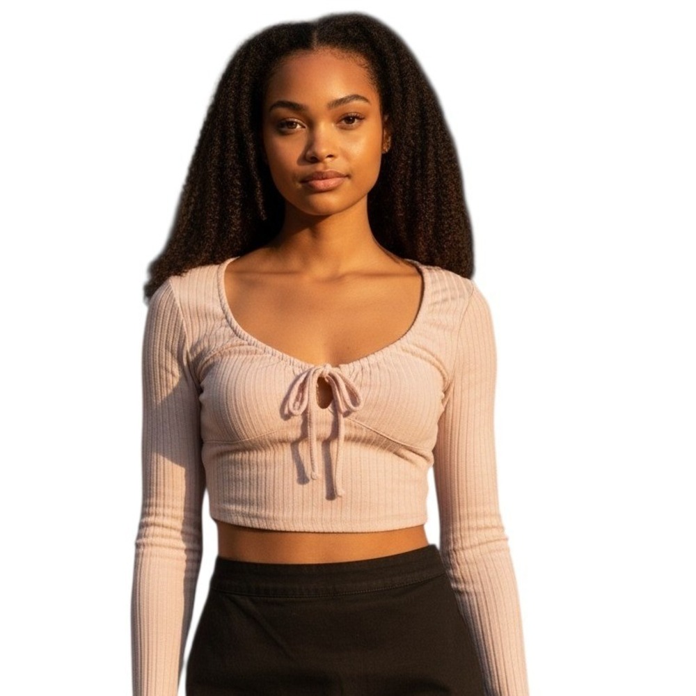 Y2k Aeropostale Babydoll Ribbed Women's Medium Long Sleeve Tie-Front Cropped Tee